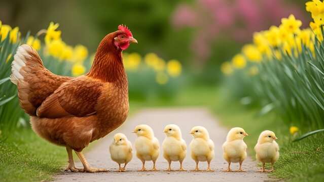 A mother hen leads her adorable chicks on a serene walk through a vibrant garden with blooming flowers and lush greenery