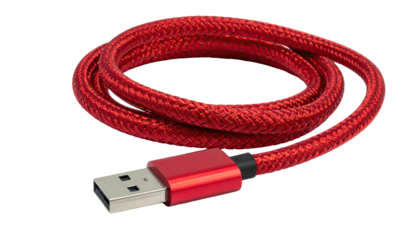 Red braided USB cable coiled on a transparent background