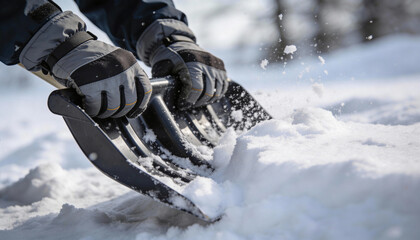 man using a snow shovel to clear snow from a driveway, showcasing winter labor and effort in a snowy outdoor environment with bright sunlight