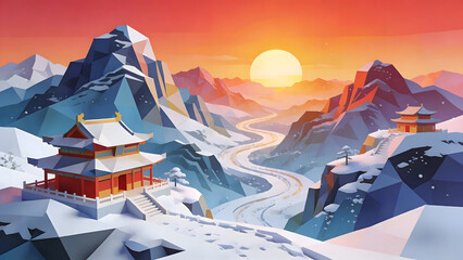Sunrise over Guochao building Snow Landscape