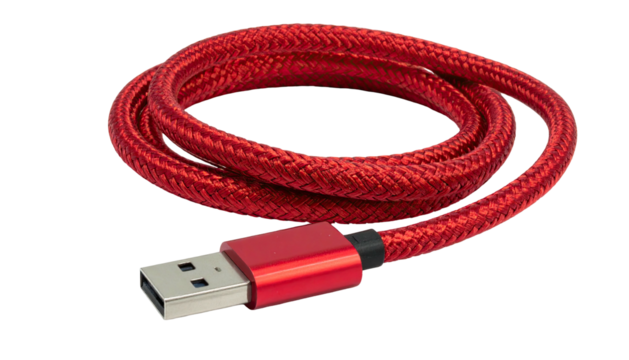 Red braided USB cable coiled on a transparent background - Powered by Adobe