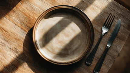 木のテーブルに置かれたシンプルな皿とカトラリーに差し込む自然光のフード背景
