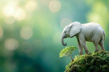 A Young White Elephant Standing on a Lush Mossy Hilltop Beside a Tiny Tree in a Serene Forest