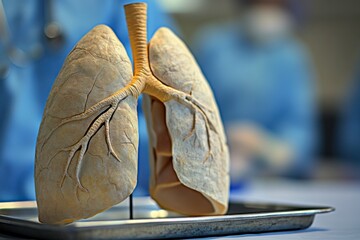 Anatomical model of human lungs and trachea displayed on a metal tray, highlighting respiratory system structures for medical education and study