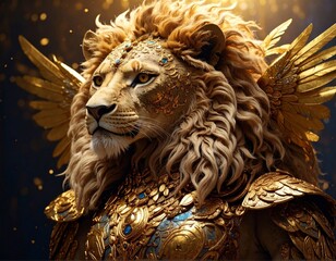 Regal Lion with Golden Wings and Ornate Armor.