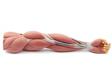Detailed anatomical model of human arm muscles, showing tendons and skeletal structure