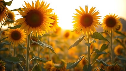 capitulate. Sunflowers swaying in a field during golden hour, nature scene. gardening catalogs, home-decor guides, designed for home decor and floral branding and gardening and botanical catalogs.