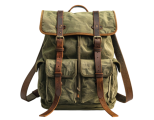 Green canvas backpack with leather straps and multiple pockets