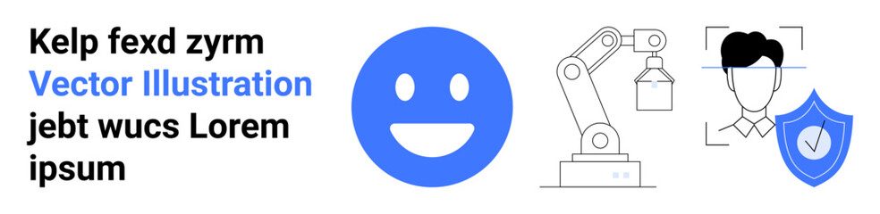 Technology, security, emotions, robotics, biometric scanning, identity protection. Smiling emotion, robotic arm face scan with shield. Technology and security concept