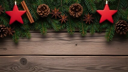 Christmas decorations on wooden background with red stars and pine cones for holiday and festive season