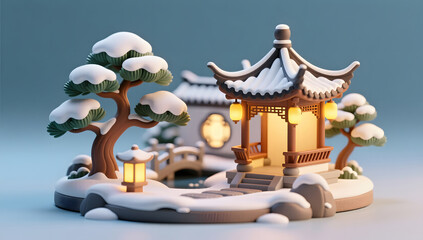 Naklejka premium Miniature Art of Chinese Garden in Snow