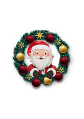 3D illustration of a friendly Santa Claus character peeking through a green pine wreath decorated with red and gold ornaments and snowflakes, festive holiday greeting concept.