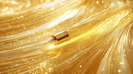 Gold bottle, swirling golden fabric, glittering light