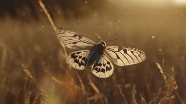 Ultra-realistic 3D macro animation of Palpares fulvus flying slowly above dry grassland.