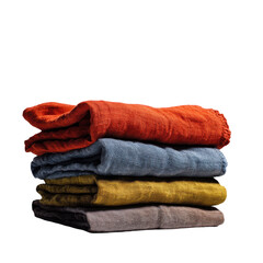 A neatly stacked collection of colorful linen towels. or transparent background
