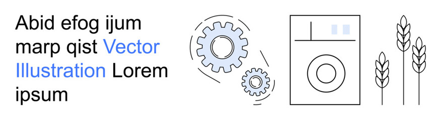 Automation, agriculture, machinery, industrial processes, manufacturing, eco-friendly solutions. Gears, washing machine and wheat . Automation and agriculture through clean visual elements