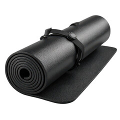 A rolled black yoga mat with strap ready for workout sessions. or transparent background