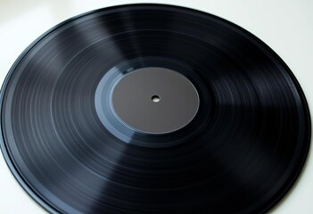 Close-up of a black vinyl record with visible grooves and a blank label, resting on a neutral surface,  discography,  audio equipment