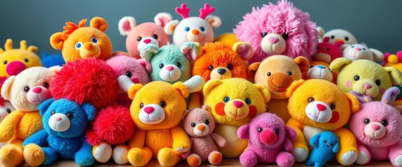 Collection of colorful stuffed creatures A vibrant assortment of soft, playful friends,  plush toys,  playful