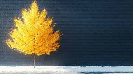 Golden autumn tree against dark brick wall