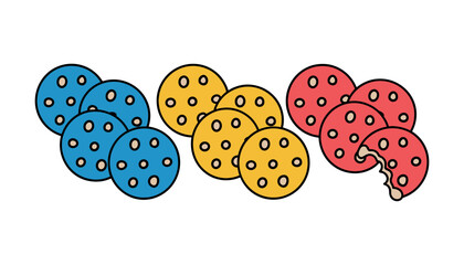 A playful of blue yellow and red round cookies with light brown dots and one red cookie bitten on a white background