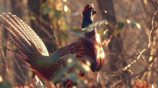 Colorful pheasant perched in the sunlight surrounded by foliage
