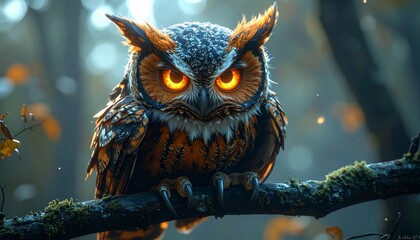 Close-up of a majestic owl with glowing orange eyes perched on a mossy branch in a dark forest setting.