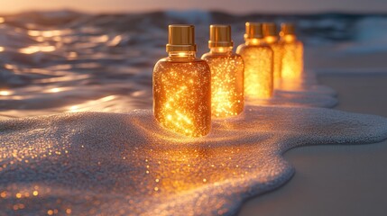 Golden bottles glowing on beach waves