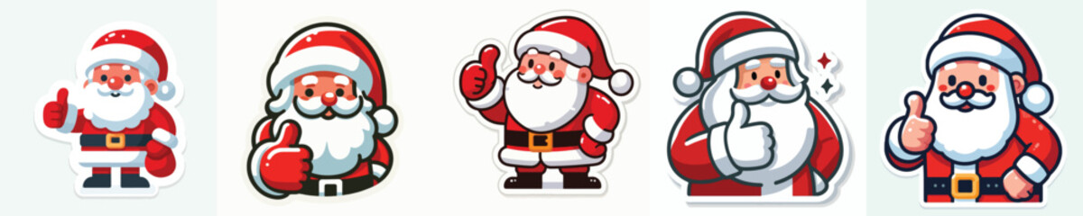 Santa Claus sticker giving thumbs up, positive and friendly pose. Vector, minimalist, illustration, icon set.