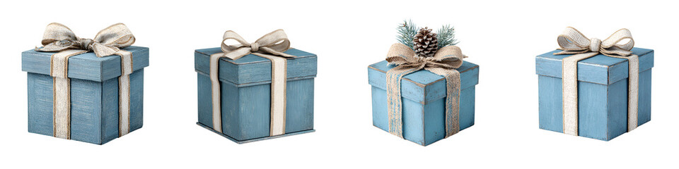 Four Blue Gift Boxes with Bows and Ribbons on a White Background