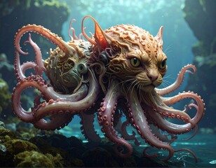 A surreal underwater creature with a cat's head and an octopus's body and tentacles, swimming in a blue ocean environment.