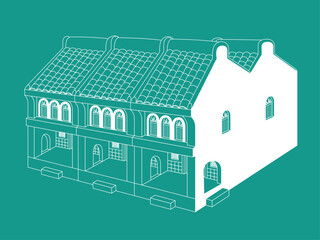 3D view of historical colonial style shop houses. Vector, outline only with plain color background.