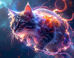 A mystical tabby cat surrounded by vibrant cosmic energy and glowing tendrils in a dark, ethereal space.