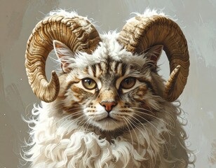 A fluffy cat with large ram horns and tabby markings looks directly forward.