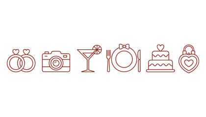 Collection of wedding celebration including rings cake camera cocktail place setting and heart lock