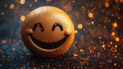 Golden emoji sphere, sparkling background