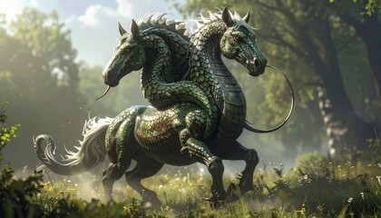 Mythical two-headed dragon-horse creature with green scales and flowing mane galloping through a sunlit forest.