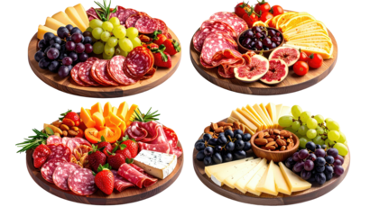 Four gourmet charcuterie boards with various meats, cheeses & fruits
