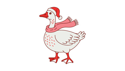 Cute cartoon goose wearing a red santa hat and pink scarf with red speckles on its chest and white background