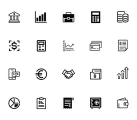 Fototapeta premium Collection of financial icons, symbols for banking, money, investment, business and payment services, line art vector