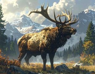 Majestic elk with large antlers stands proudly in a scenic mountain landscape with snow-capped peaks and evergreen trees.