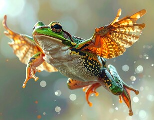 A vibrant green frog with delicate, translucent wings flying gracefully in a magical, bokeh-filled environment.