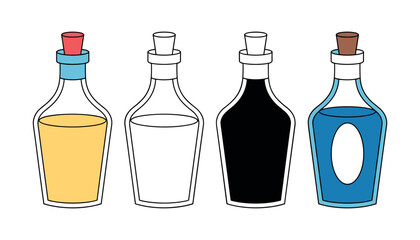 Four cartoon glass bottles with cork stoppers containing yellow black blue and clear liquids