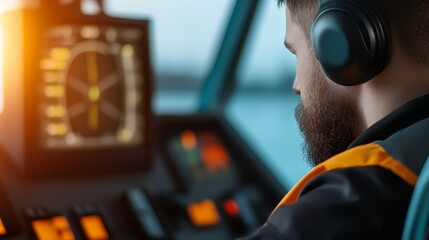 Professional pilot operating aircraft controls in modern cockpit while wearing headset for communication.