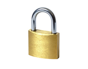Naklejka premium Shiny, golden padlock, vertical, with an arched shackle, on black background