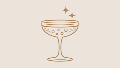 Minimalist line champagne coupe glass with bubbly liquid and two sparkling stars champagne glass line minimalist © Creative Tania