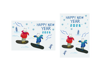 年賀状ベクターイラストテンプレート　スノーボードをする2頭の馬　手書きで描いた冬の風景