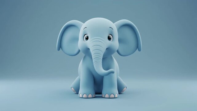 Baby Elephant Sitting With Big Ears On A Light Blue Studio Background