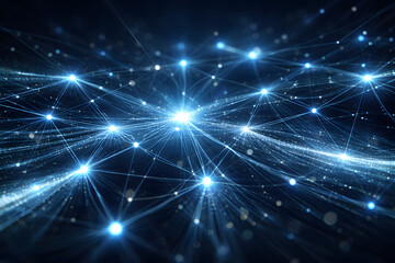 A glowing blue abstract network of interconnected points and lines on a dark background, representing data flow or digital connections.