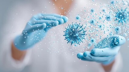 Medical technology ai scientist wearing blue glove protecting airborne virus particles with digital particle model and pathogen infection visualization. gloved hands protect floating virus model - Powered by Adobe